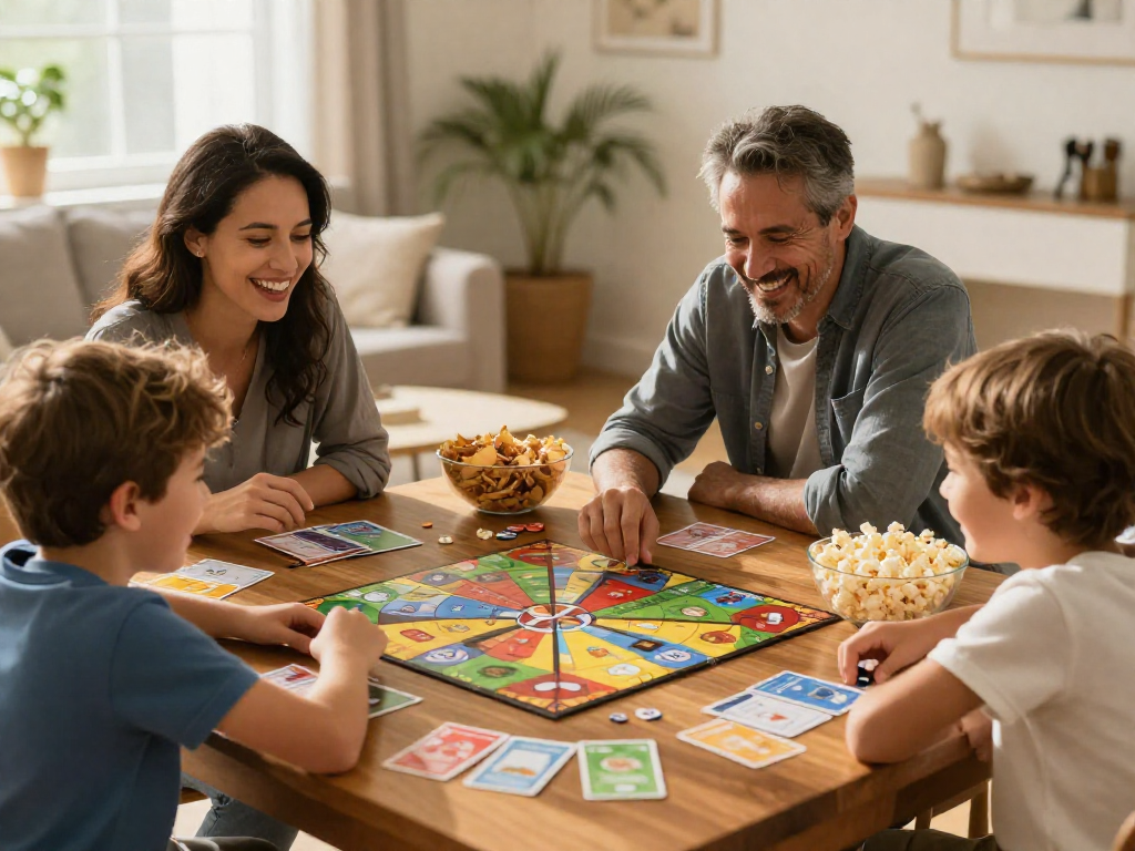Family of four laughing around a table during a home game night with snacks