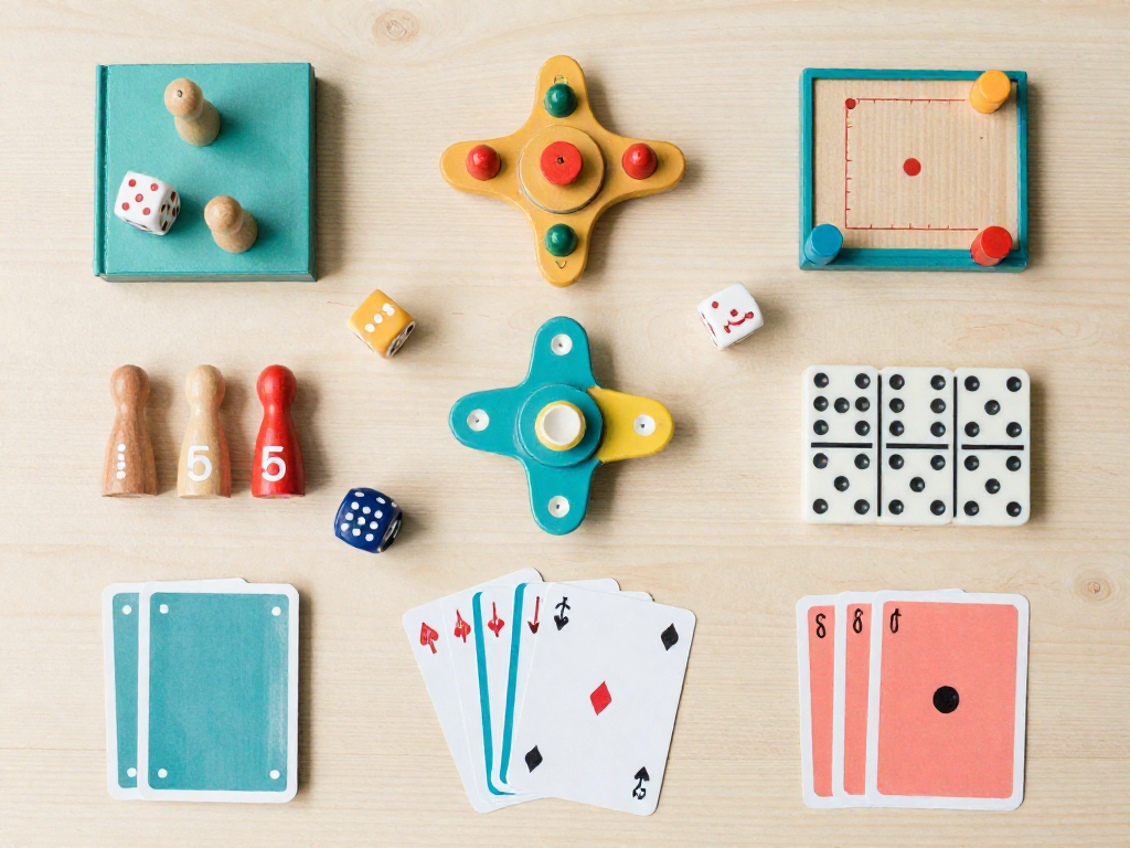 Overhead flat-lay of classic childhood games for a throwback game night theme