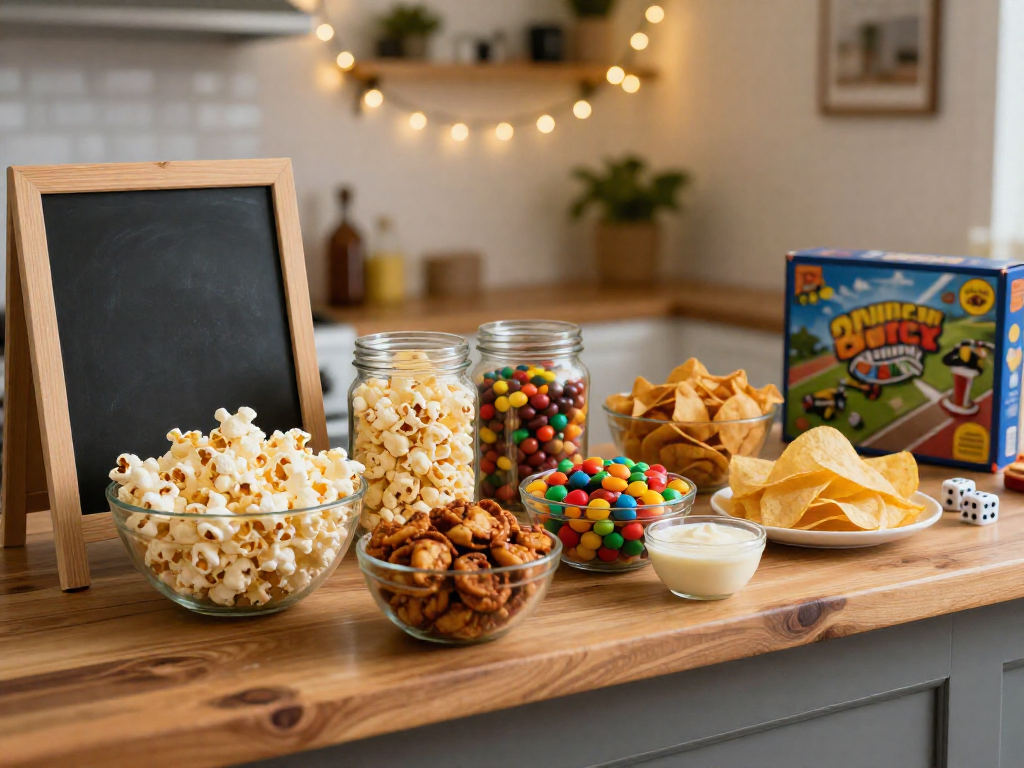 Themed snack bar setup with popcorn and candy for a snack and strategy game night