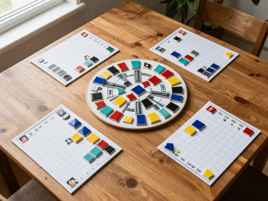 Overhead view of a colorful tile-laying board game in progress with player boards and glossy tiles on a wooden table