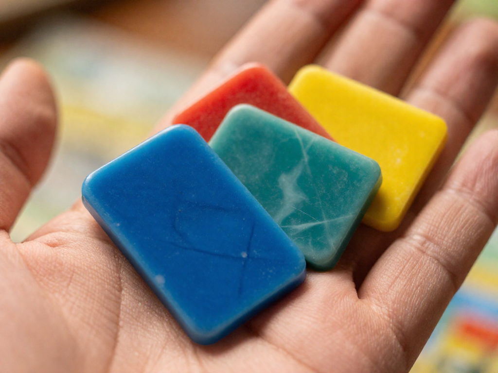 Close-up of a hand holding glossy colorful game tiles showing their smooth textured surface