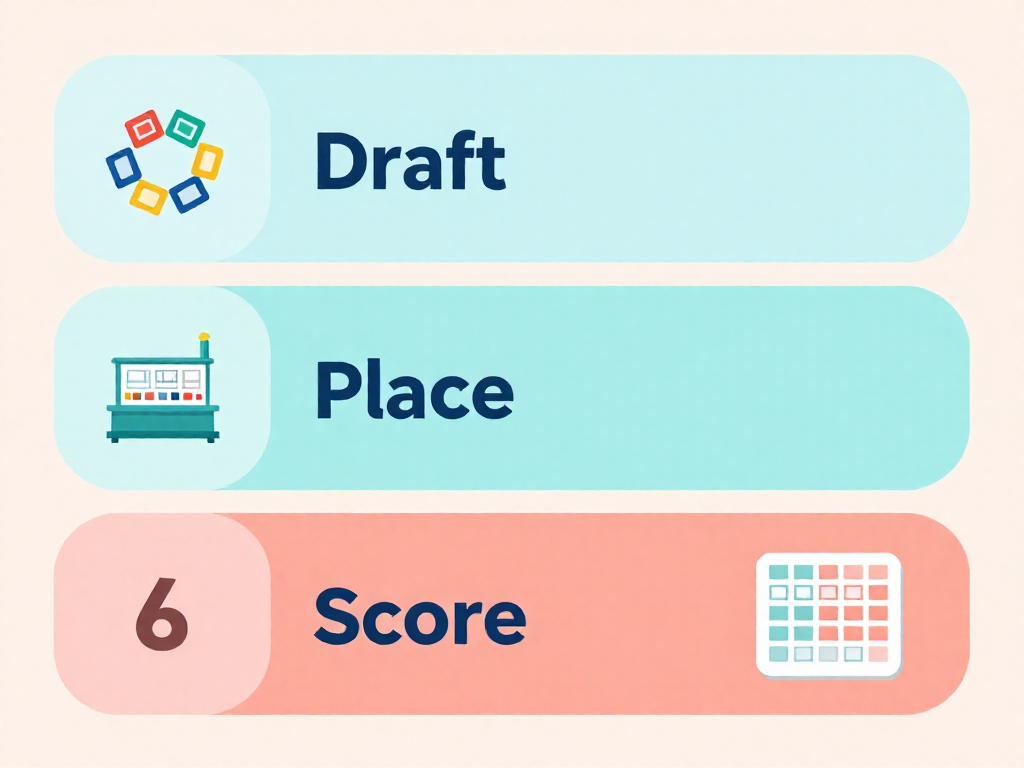 Vertical infographic showing the three steps of Azul: draft, place, and score