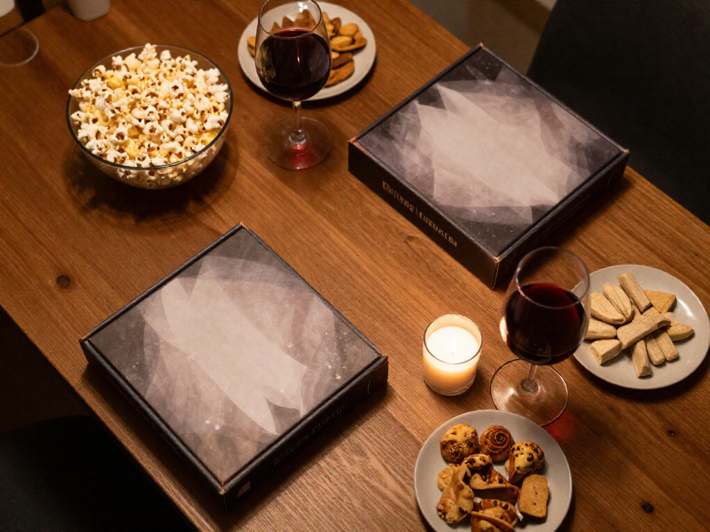 Overhead view of a couples game-night table with two board games, wine, and snacks