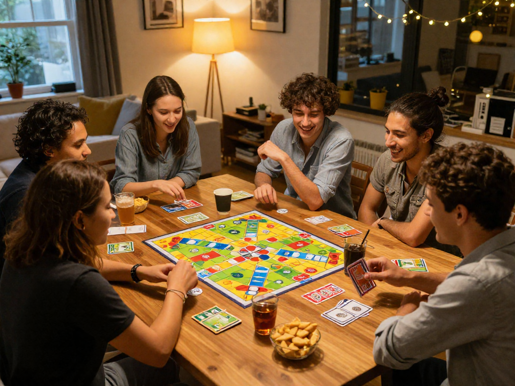 A group of friends laughing and playing a board game around a table in a warmly lit room