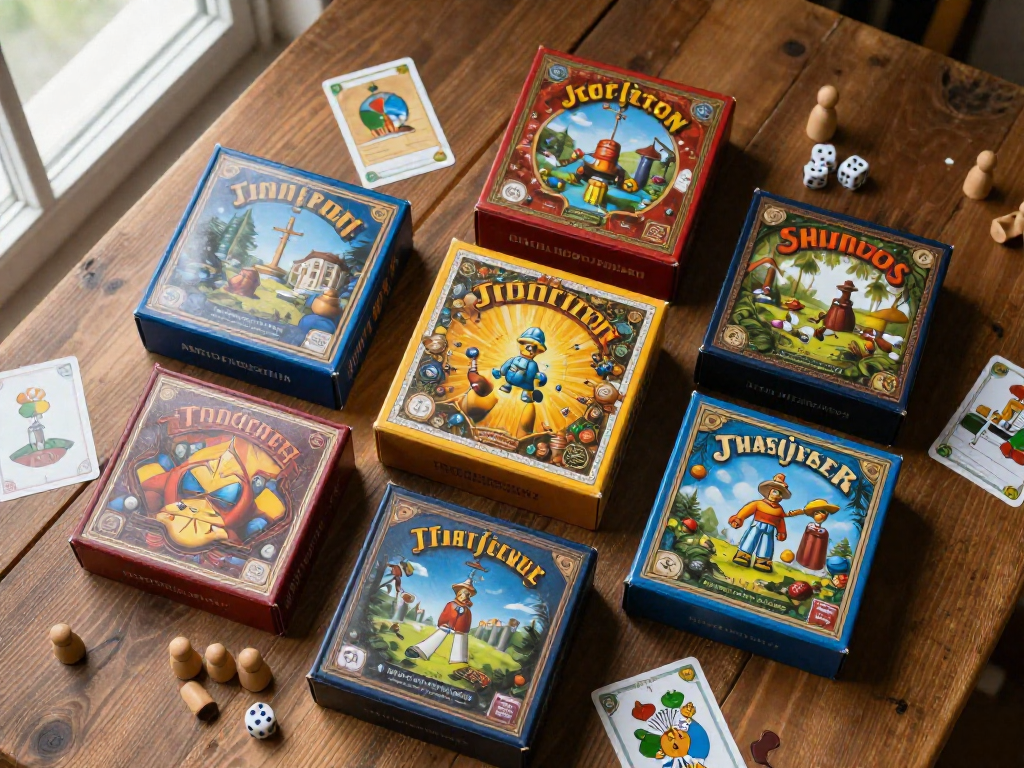 Six board game boxes arranged on a wooden table with game pieces scattered around