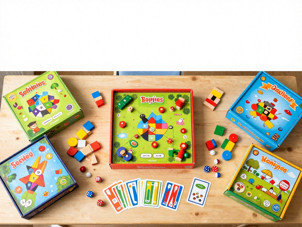 Overhead flat-lay of colorful kid-friendly board games and pieces on a wooden table