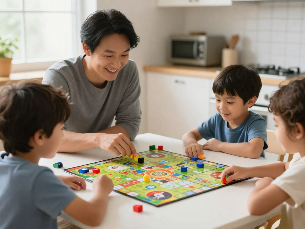 Parent and young child smiling while playing a board game at a kitchen table