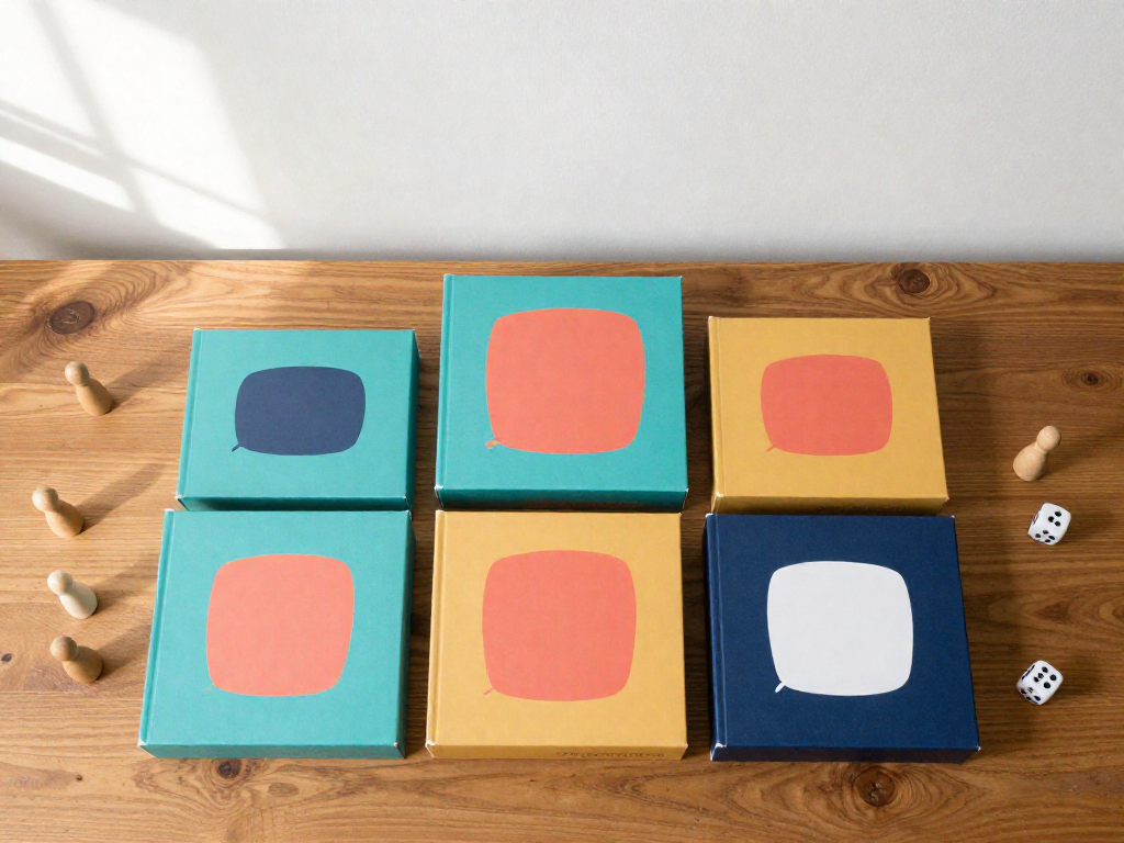 Overhead flat-lay of colorful board game boxes and wooden game pieces on a wood table, styled for a tween board games guide