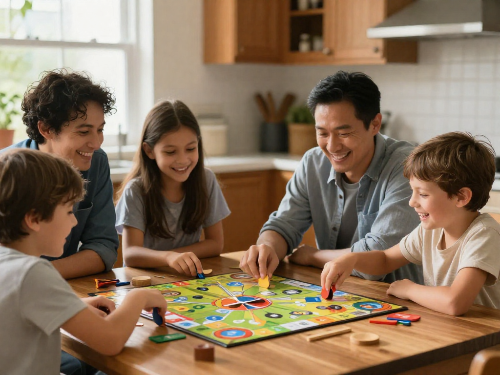 Family of four laughing together while playing a board game at a kitchen table