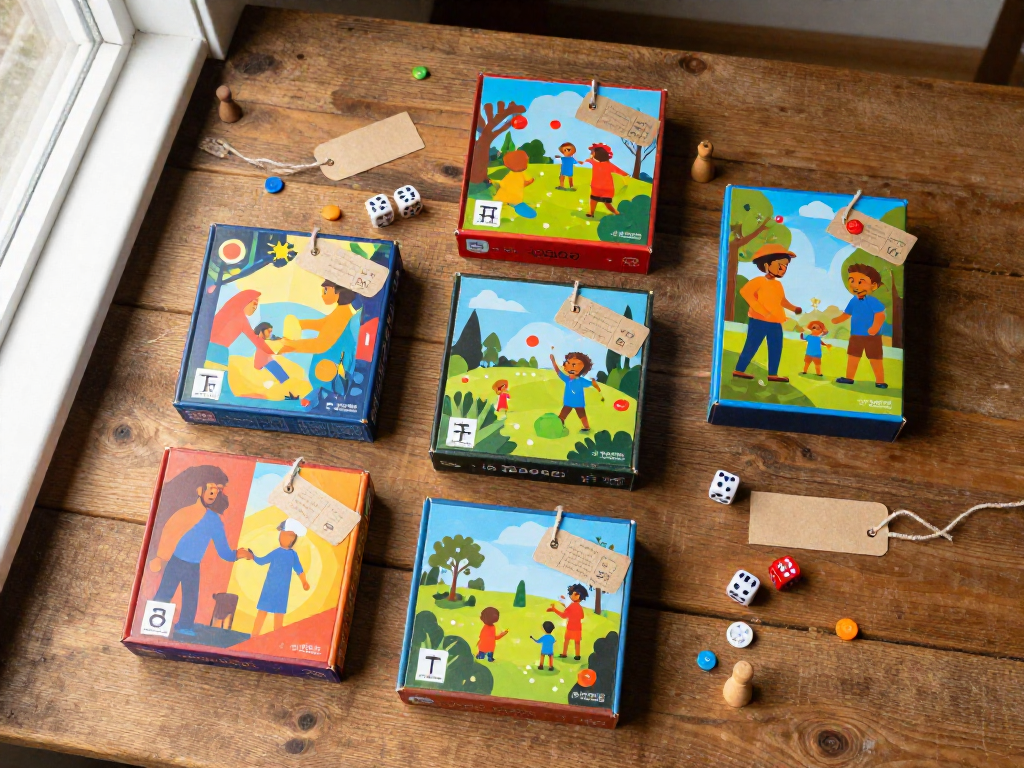 Overhead shot of several board game boxes with price tags, surrounded by colorful game pieces on a wooden table.