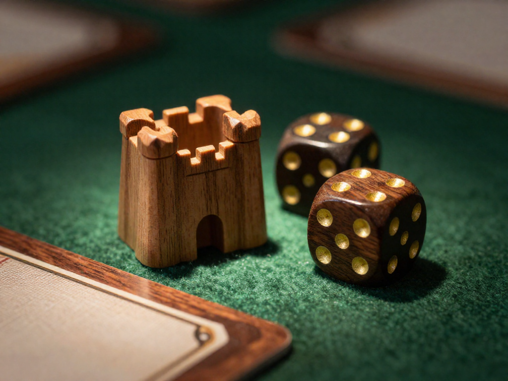 Close-up of wooden board game tokens, engraved dice, and a glossy card on a green felt surface.