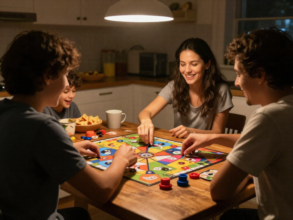 A family playing a board game at a kitchen table, lit by a warm hanging lamp, with smiles and reaching hands.