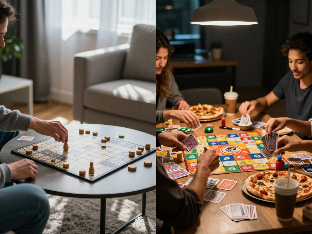 A diptych showing a two-player strategy game on a clean table on the left, and a chaotic party game on the right with multiple hands reaching.