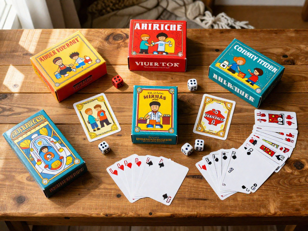A top-down view of several colorful card game boxes and fanned-out playing cards arranged on a wooden table.