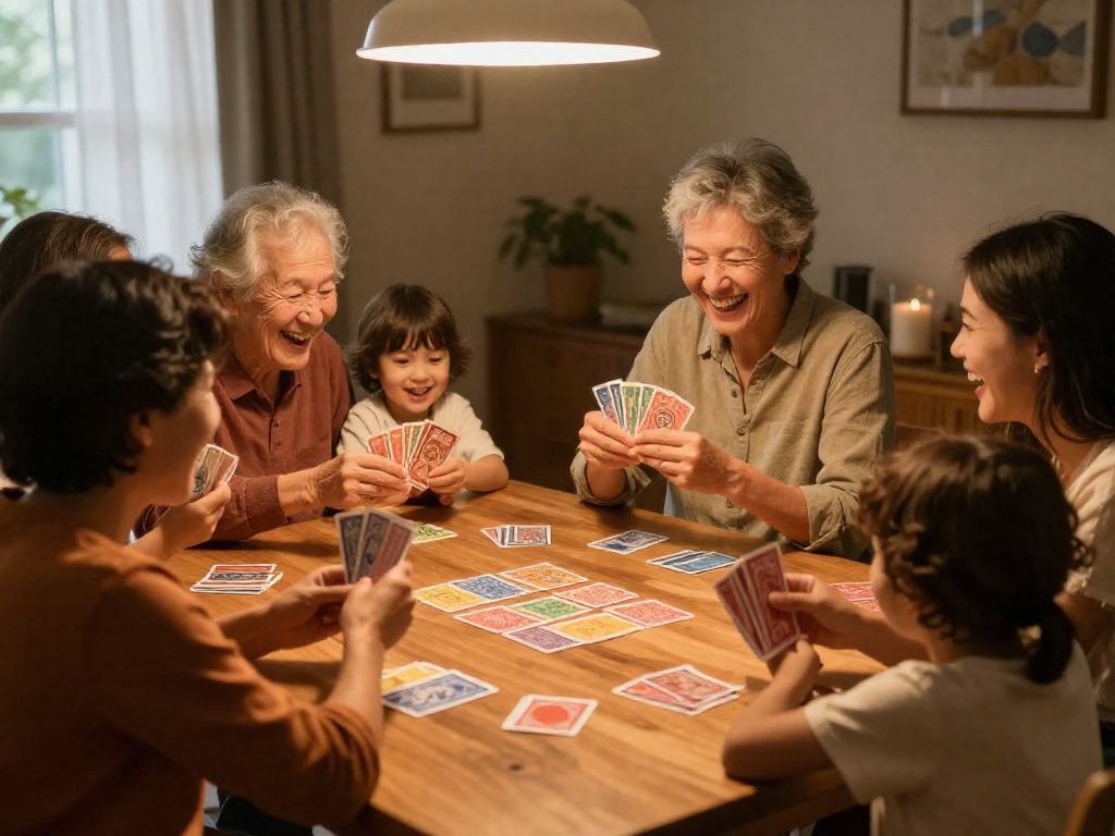 A family of different ages sitting around a table, smiling and playing cards together, with hands holding colorful cards.