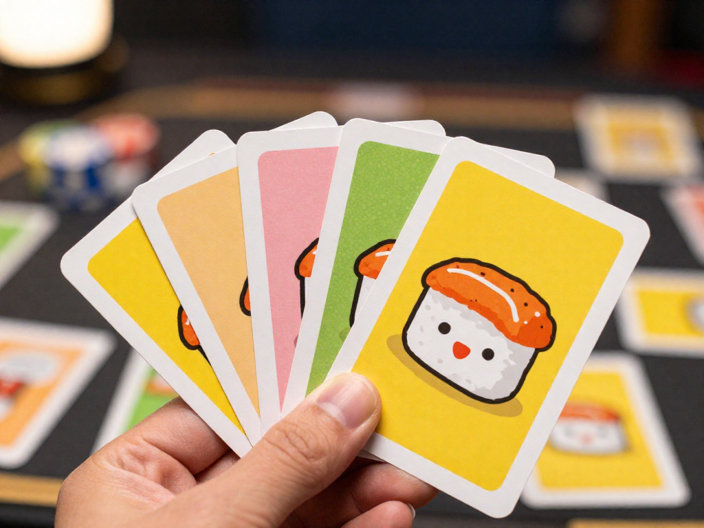 A close-up of a hand holding a colorful fan of illustrated playing cards with whimsical designs.