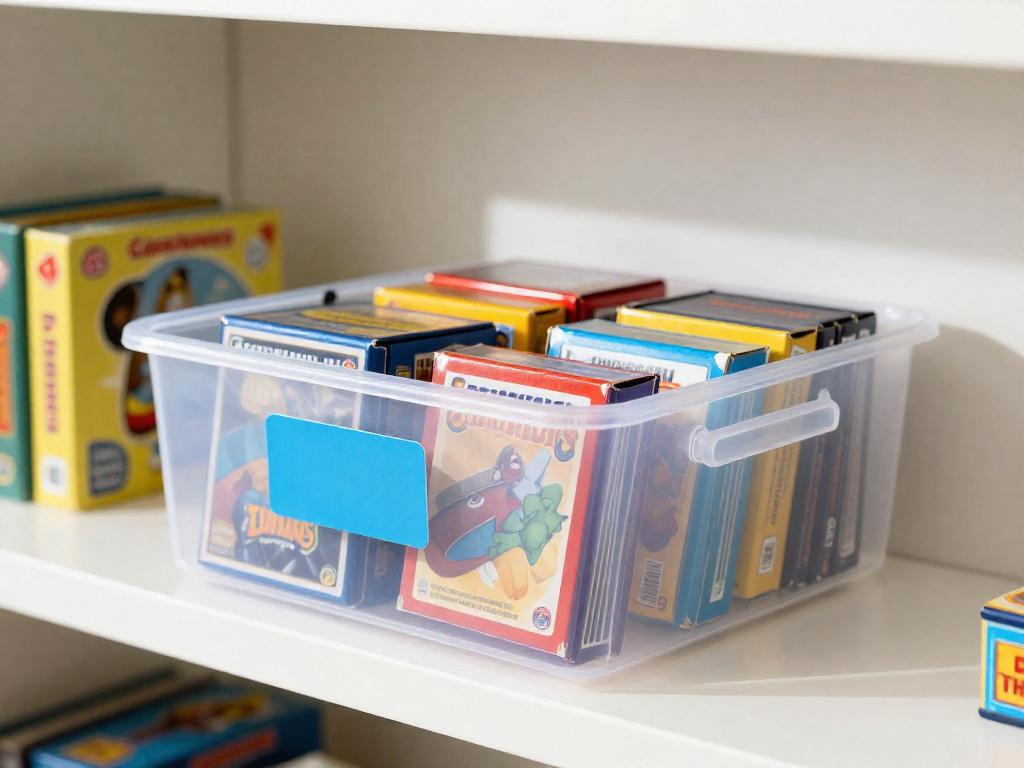 A storage bin on a shelf containing several colorful card game boxes, neatly arranged.