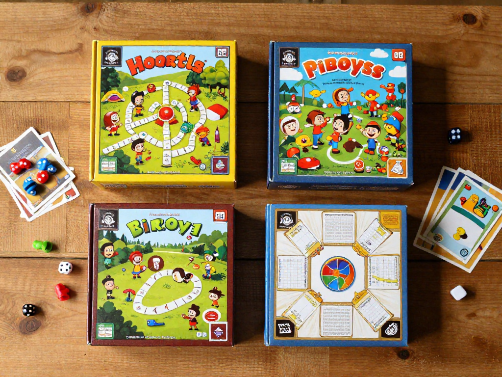 Overhead view of four colorful board game boxes on a wooden table, surrounded by game pieces like dice and cards.