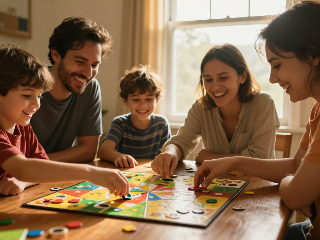 A family of four smiling and playing a board game at a dining table, with colorful game pieces and warm lighting.
