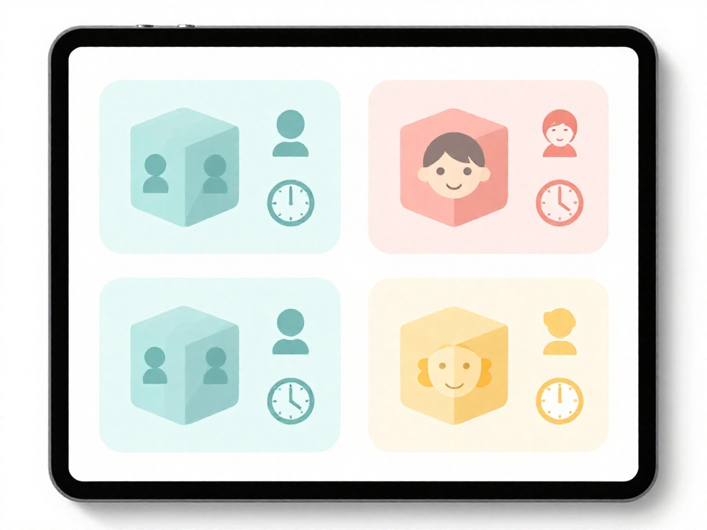 An infographic comparing four board games using icons for player count, recommended age, and playtime, arranged in a grid.