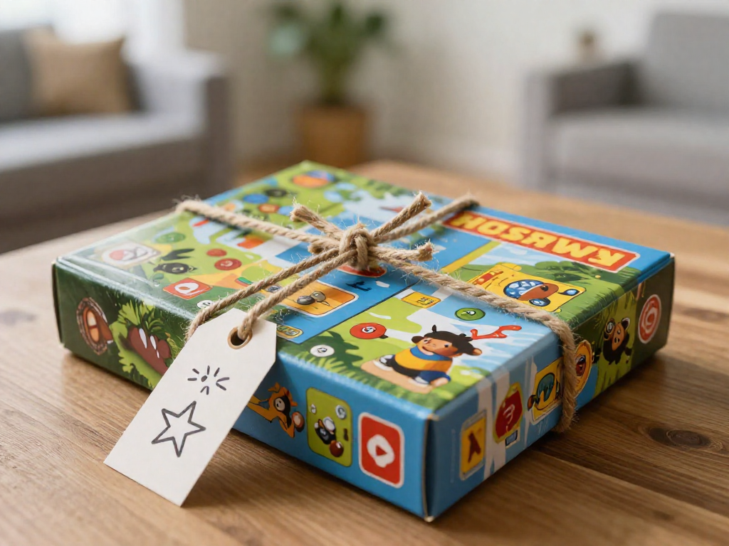 Four board game boxes tied together with twine, placed on a wooden surface with a soft, cozy background.