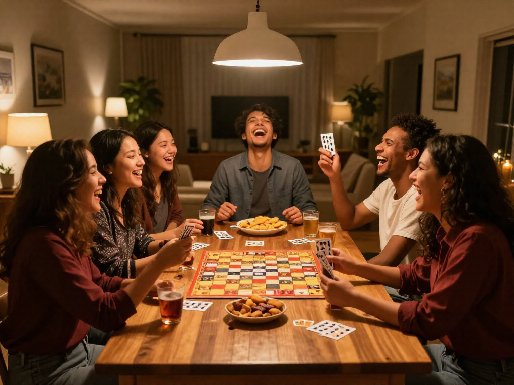 Group of friends laughing together around a table while playing a board game in a cozy room.