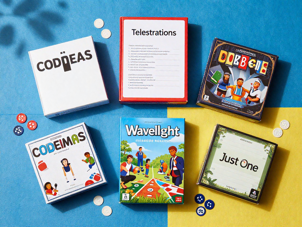Overhead view of several colorful board game boxes arranged on a blue patterned cloth.