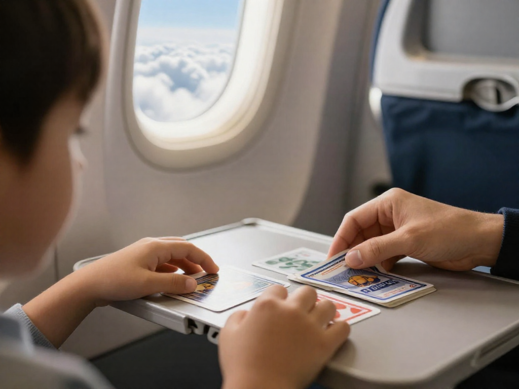 Two hands, one adult and one child, playing a colorful card game on an airplane tray table with clouds visible through the window.