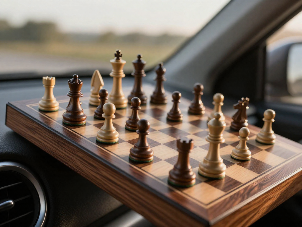 Close-up of a magnetic chess board tilted on a dashboard, with pieces staying in place, demonstrating the magnetic feature.