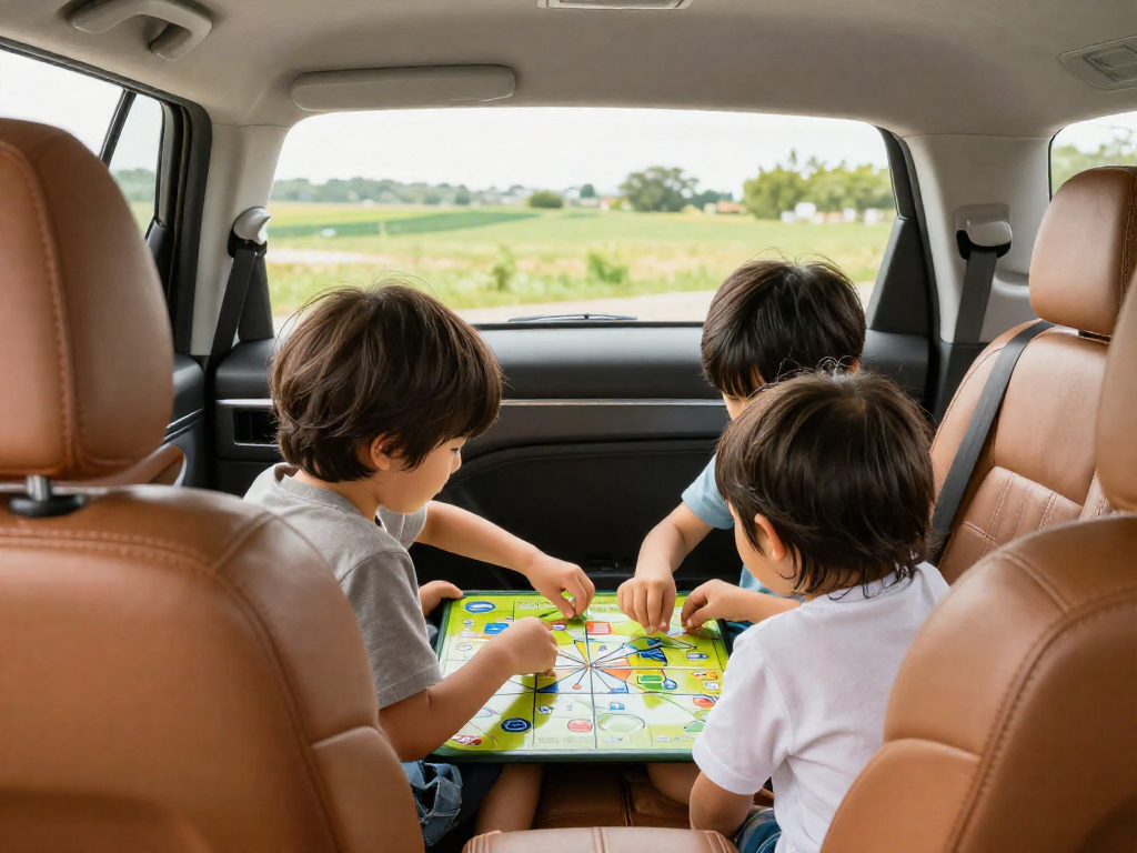Two children playing a board game in the back seat of a car during a road trip, seen from the front seat, with sunlight and passing scenery.