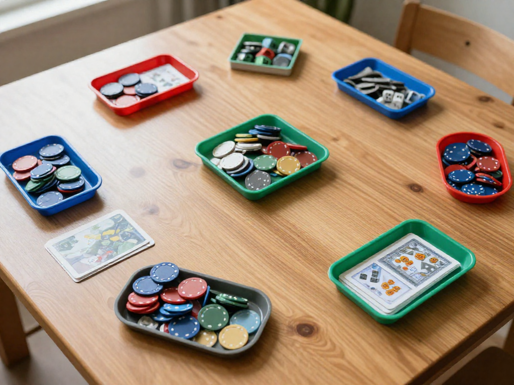 Overhead view of a game table with sorted component trays, encouraging organized setup.