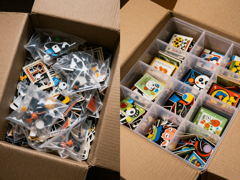 Side-by-side comparison showing messy bagged game pieces and an organized box with compartments.