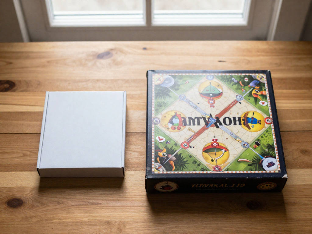 A small card game box next to a larger board game box on a wooden table showing their size difference