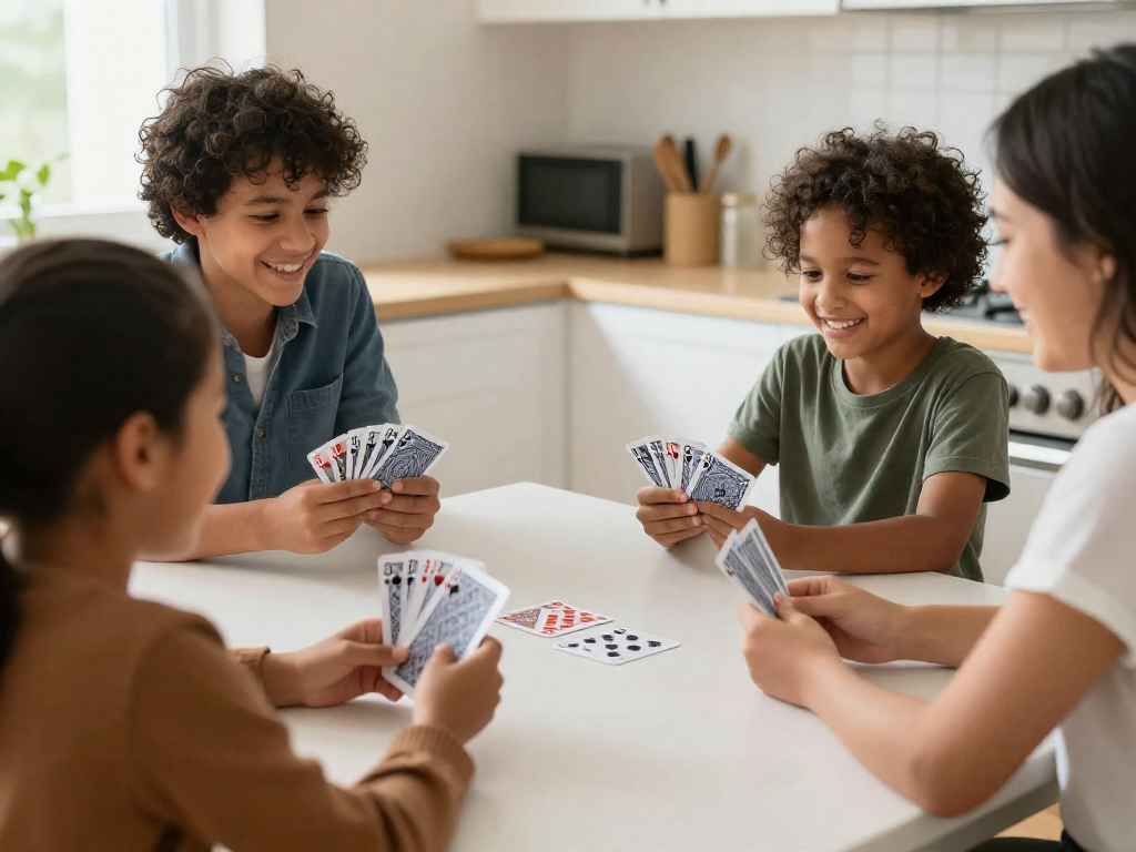 A family playing a quick card game together at a kitchen counter