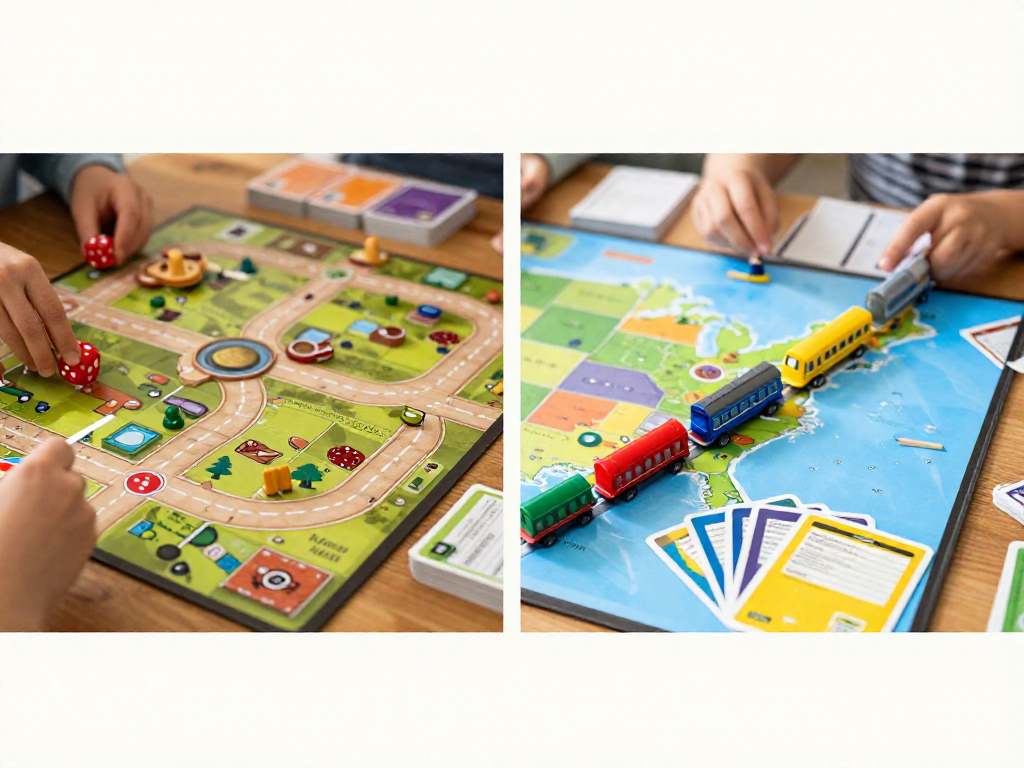Side-by-side comparison of a hex-tile settlement game and a train-route map game for a beginner gateway board game guide
