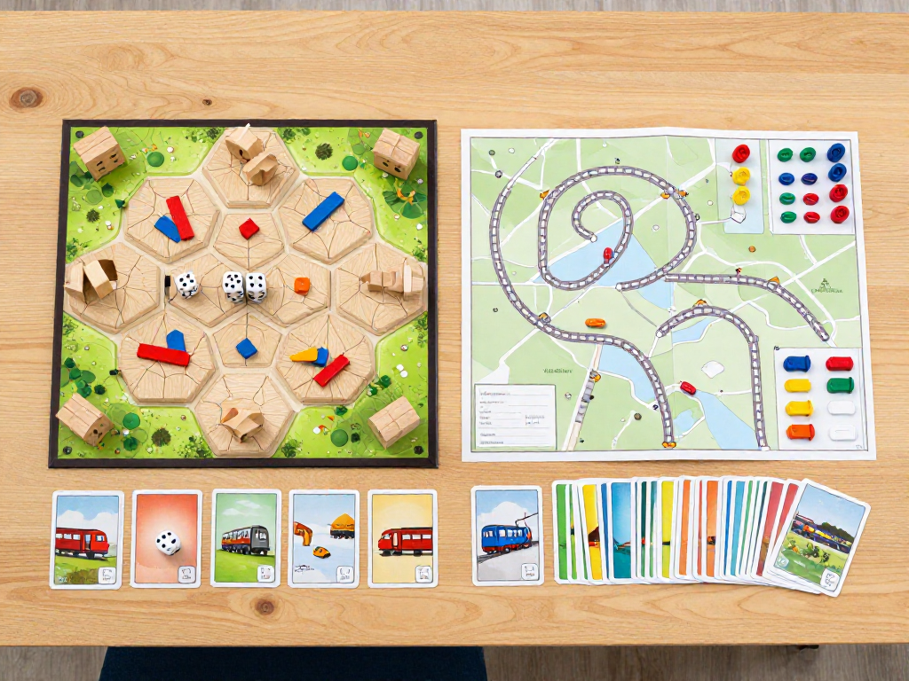 Overhead flat-lay of two gateway board games showing hex tiles, wooden pieces, train tokens, and cards