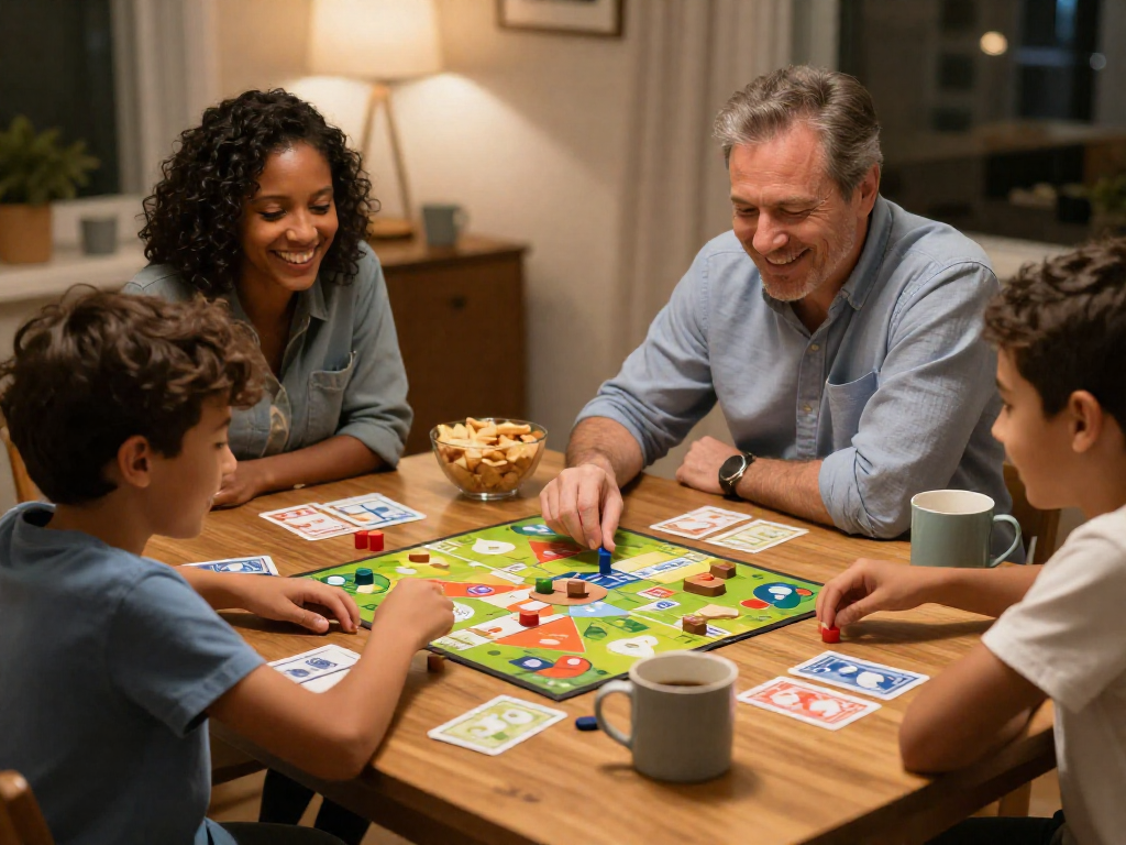 Family of four laughing together while playing a board game during a cozy home game night