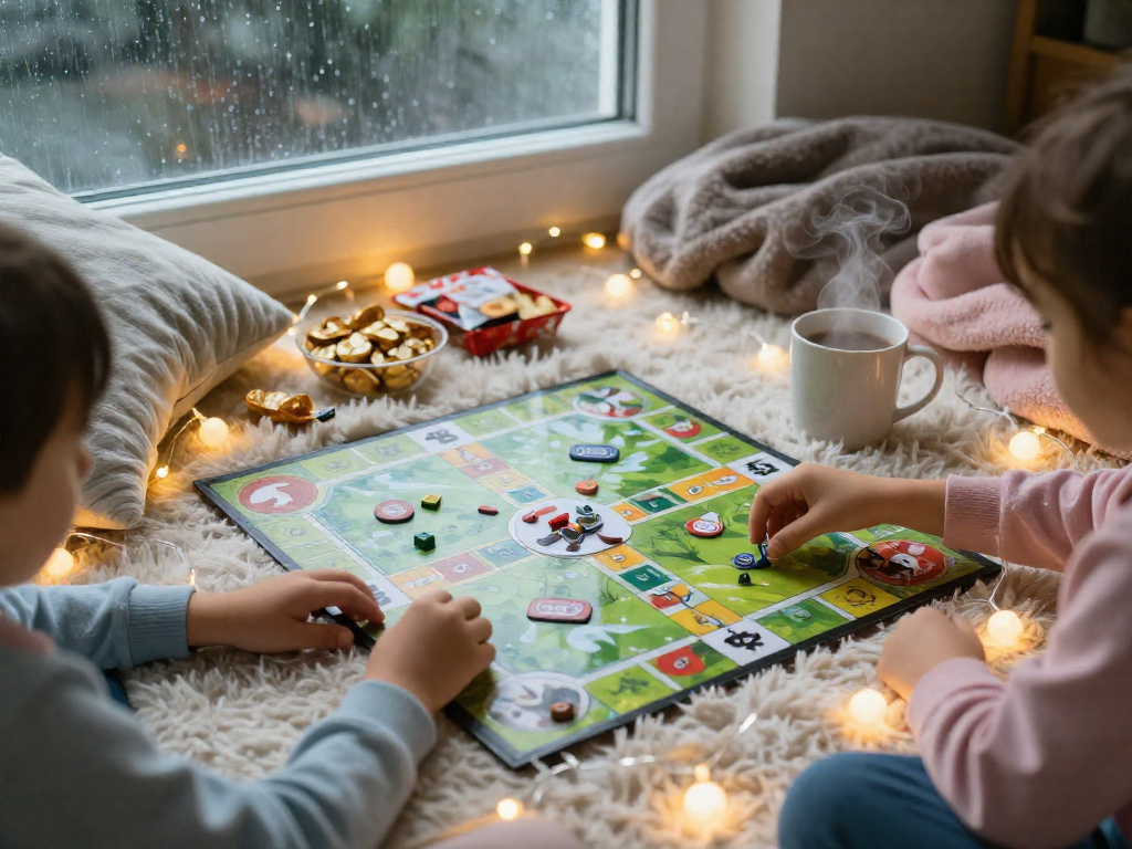 Overhead view of a board game on a rug with blankets, string lights, and a mug of hot cocoa, cozy rainy-day setup.