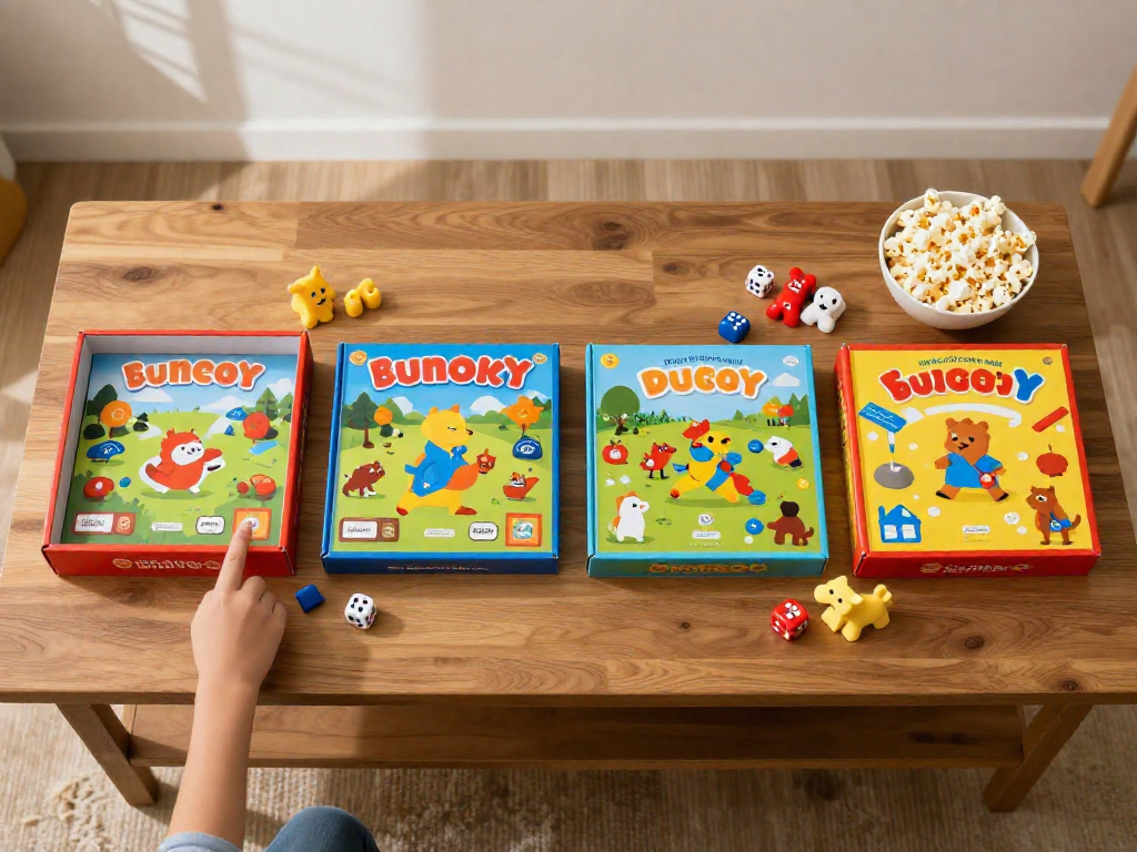 Overhead view of four board games laid out in a row on a table with popcorn and a pointing hand, game night order.