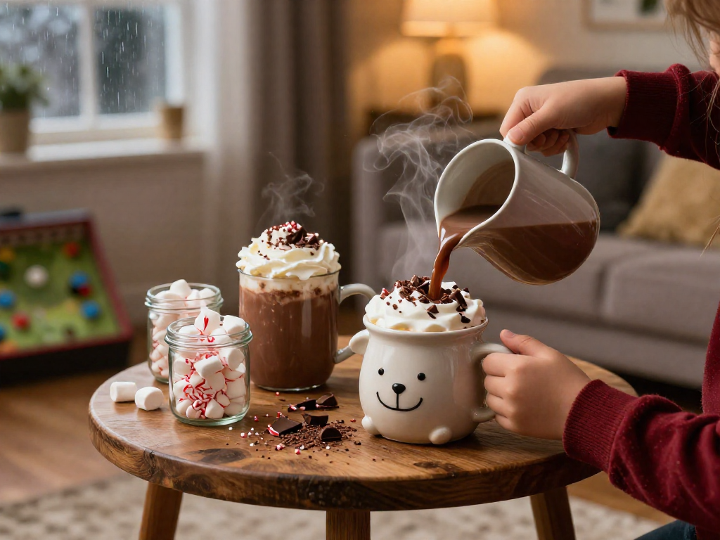 Close-up of a hot cocoa bar setup with mugs, toppings, and a child pouring cocoa into a mug.