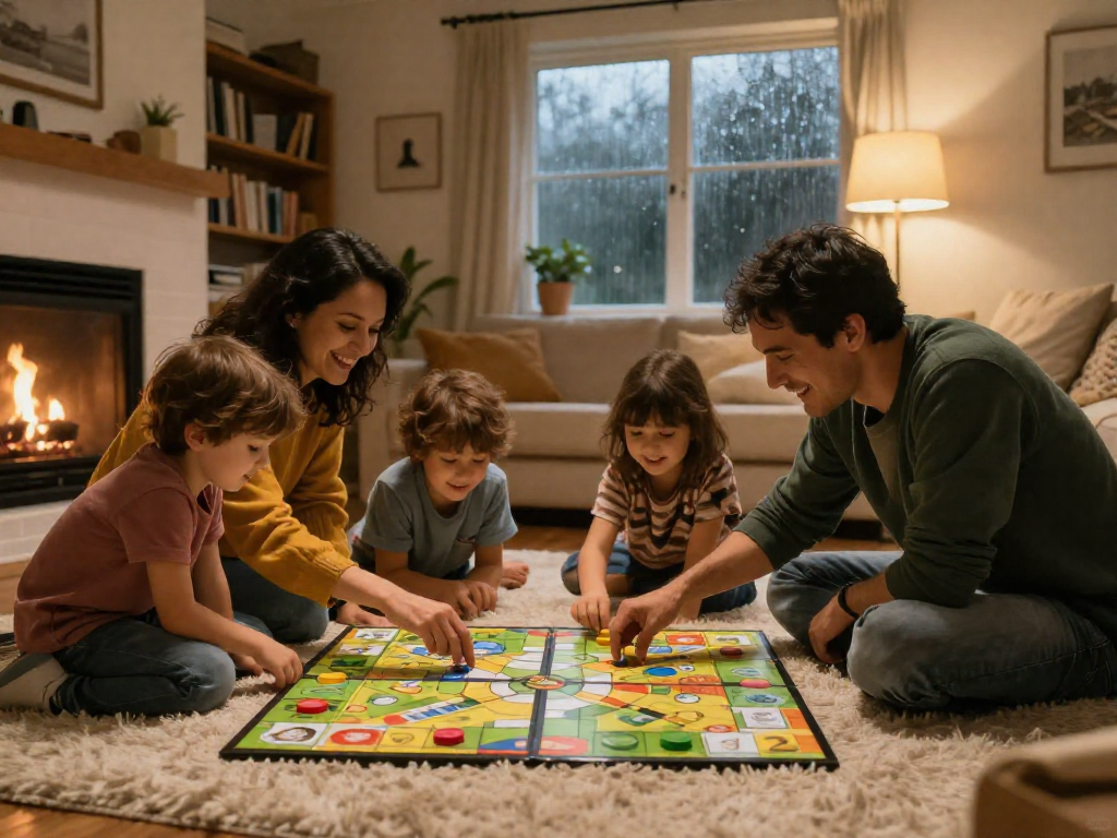 Family sitting on the floor around a board game, laughing and playing together in a cozy room.