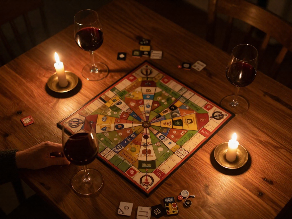 Candlelit table from above with a board game and two glasses of wine.