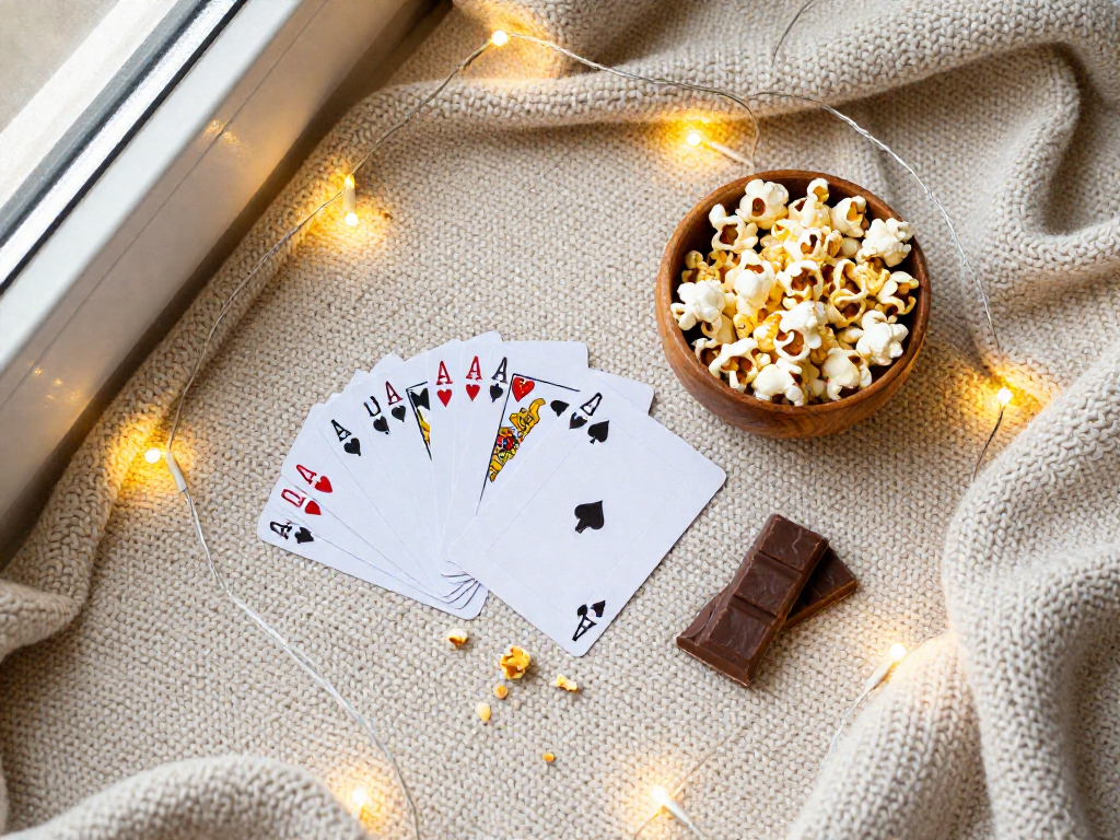 Overhead view of playing cards, popcorn, and chocolates with string lights on a blanket.