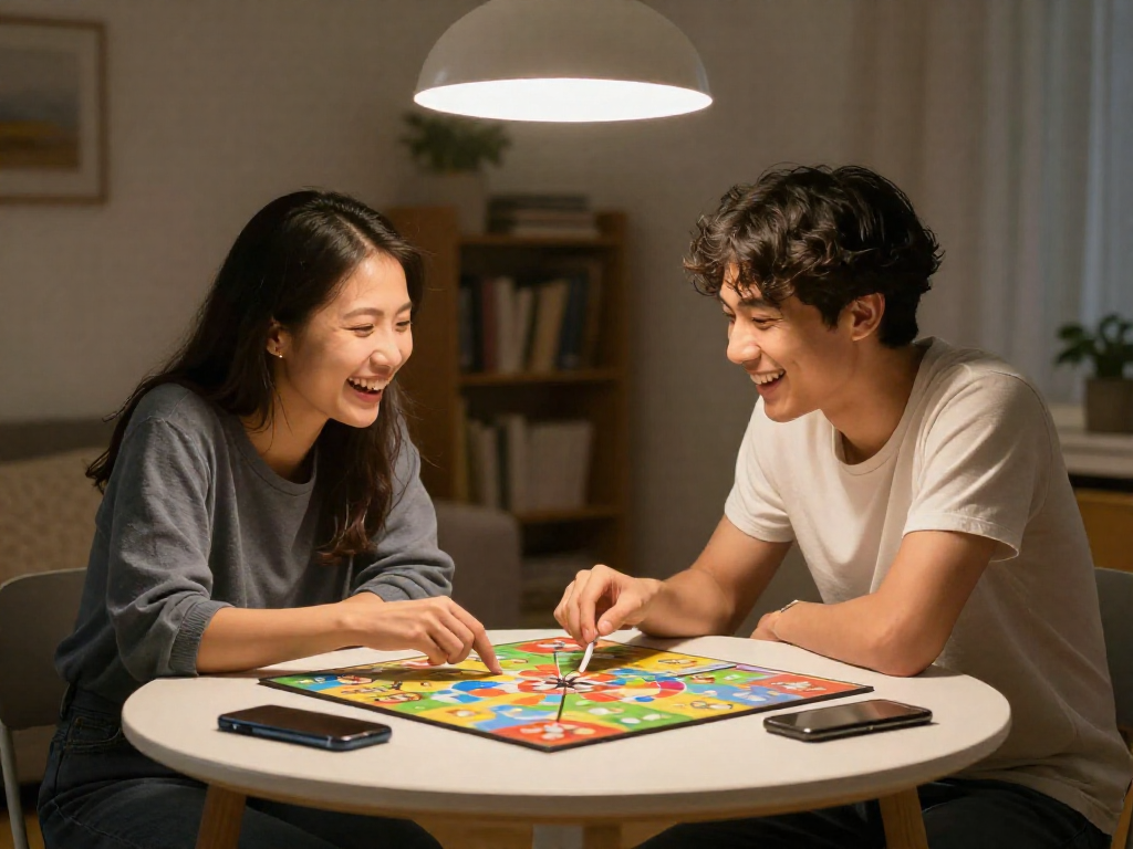 A couple laughs while playing a board game, their phones set aside on a nearby table.