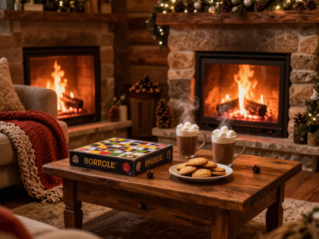 Cozy winter living room with a board game, hot cocoa, and a fireplace.