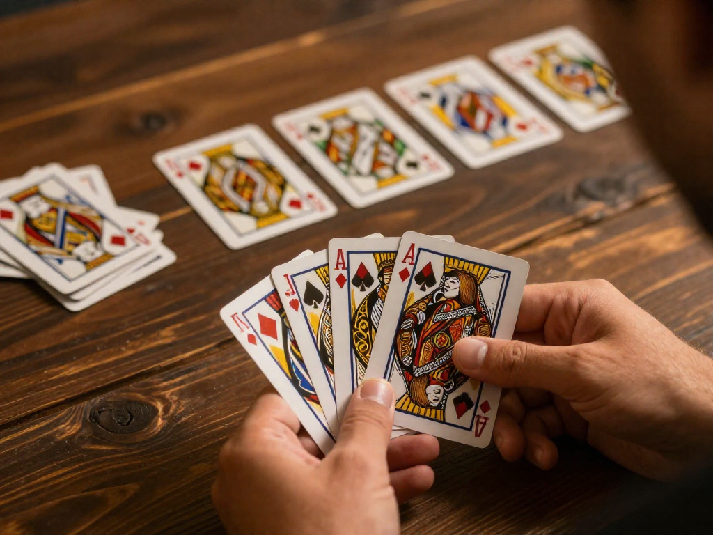 A player's hand holding cards in a deck-building game, with a market row and discard pile visible on a wooden table.