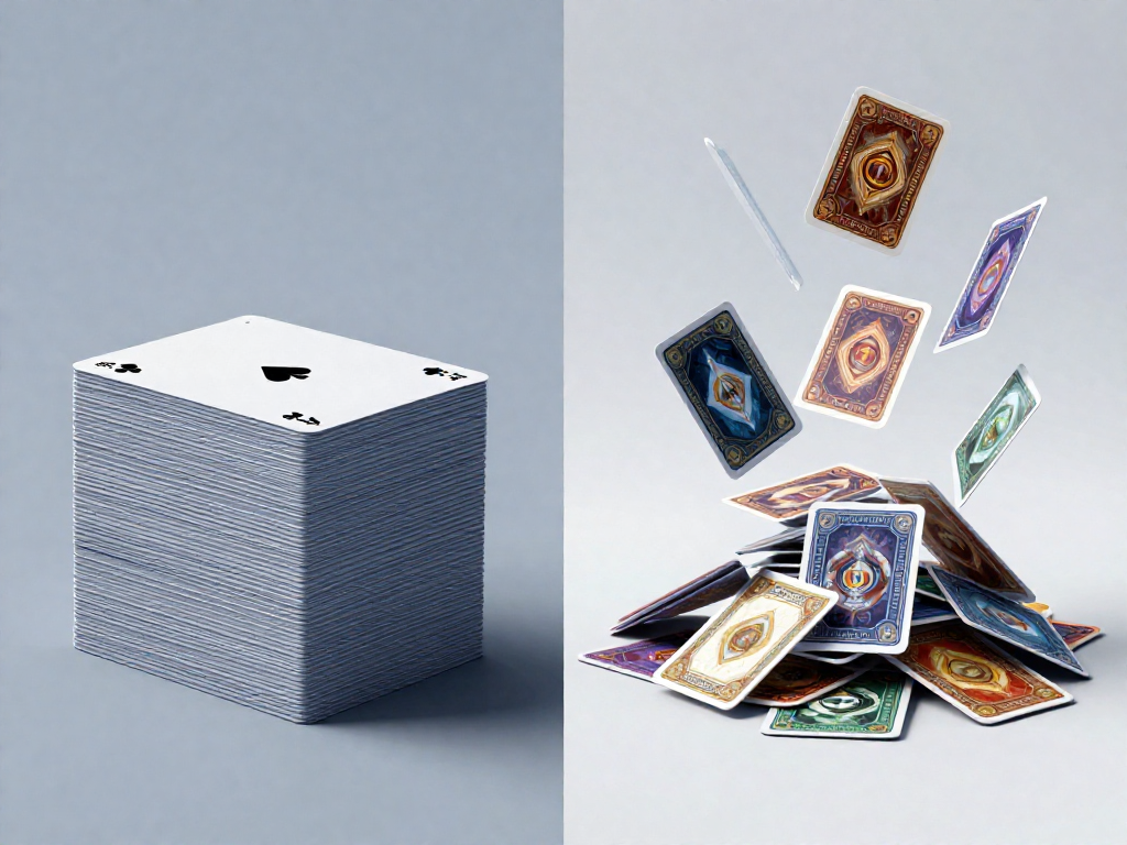A comparison between a static deck of cards on the left and a dynamic, evolving deck of cards with different designs being added and removed on the right.