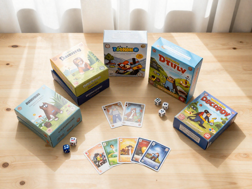 A top-down view of several deck-building game boxes and fanned-out cards on a wooden table, arranged in a flat-lay.