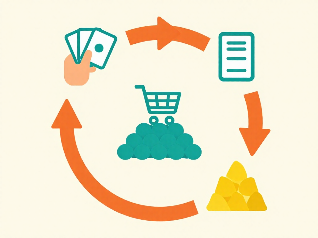 A circular infographic illustrating the deck-building game loop: draw a card, play it, buy new cards, discard, and repeat.