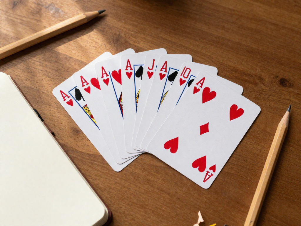 A flat-lay of playing cards, a notebook, and pencils on a wooden table.